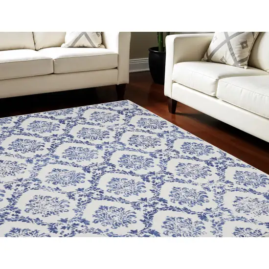 Ivory and Navy Blue Damask Distressed Non Skid Area Rug Photo 1