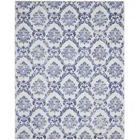 Photo of Ivory and Navy Blue Damask Distressed Non Skid Area Rug