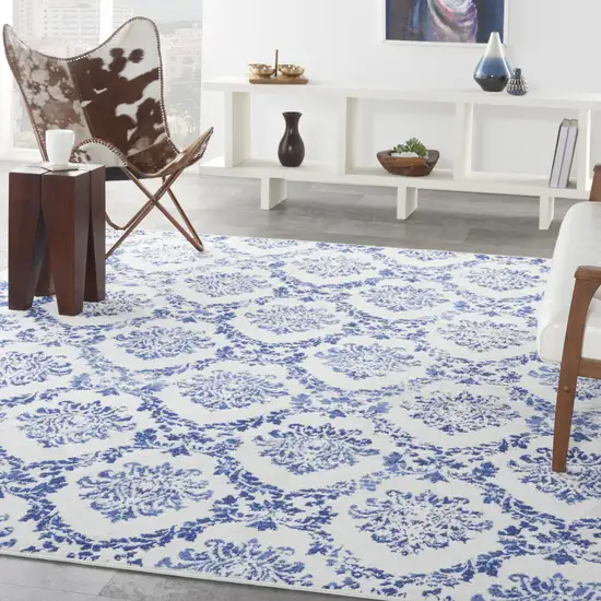 Ivory and Navy Blue Damask Distressed Non Skid Area Rug Photo 6