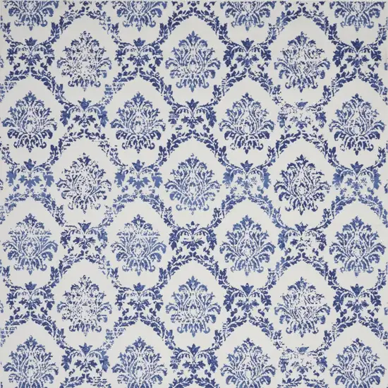 Ivory and Navy Blue Damask Distressed Non Skid Area Rug Photo 5