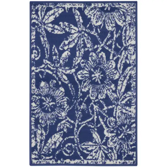 Ivory and Navy Blue Floral Distressed Area Rug Photo 2