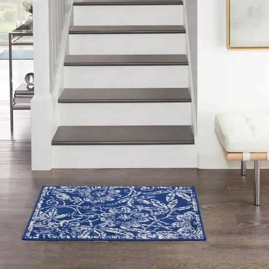 Ivory and Navy Blue Floral Distressed Area Rug Photo 6