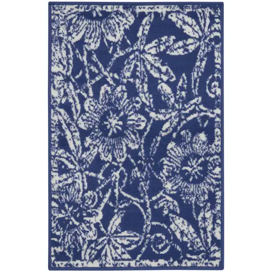 Ivory and Navy Blue Floral Distressed Area Rug Photo 5