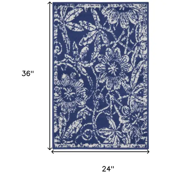 Ivory and Navy Blue Floral Distressed Area Rug Photo 3