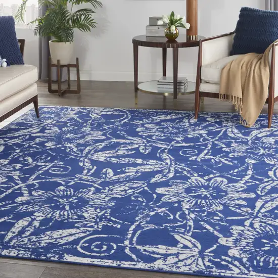 Ivory and Navy Blue Floral Distressed Non Skid Area Rug Photo 7