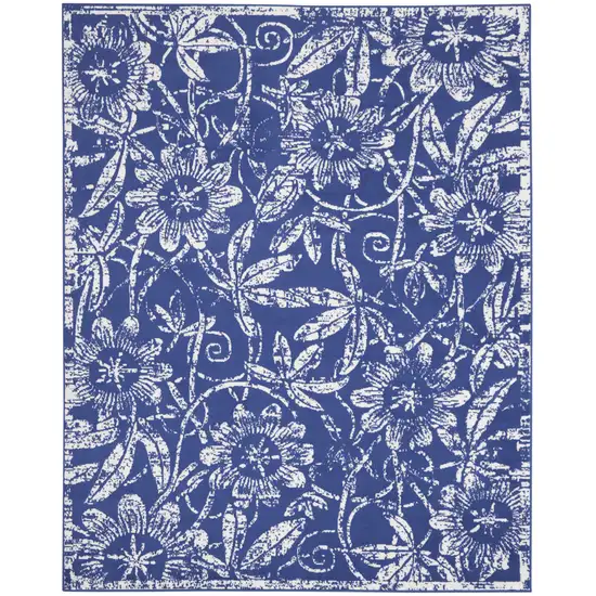 Ivory and Navy Blue Floral Distressed Non Skid Area Rug Photo 2