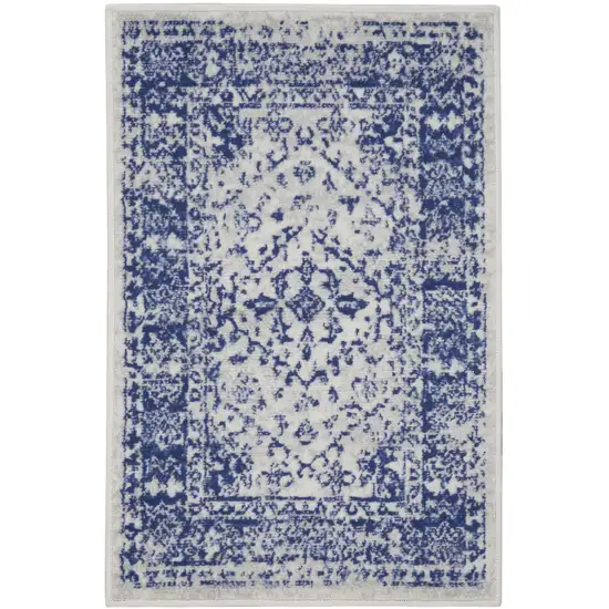 Ivory and Navy Blue Geometric Distressed Area Rug Photo 2