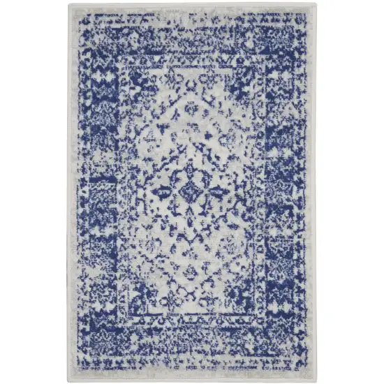 Ivory and Navy Blue Geometric Distressed Area Rug Photo 5