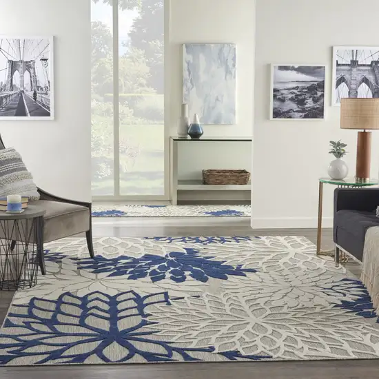 Ivory And Blue Floral Indoor Outdoor Area Rug Photo 8