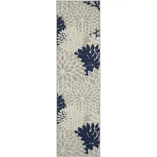 Ivory and Blue Floral Handmade Indoor Outdoor Runner Rug Photo 2