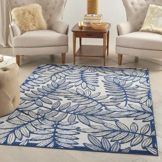 Ivory and Navy Leaves Indoor Outdoor Area Rug Photo 7