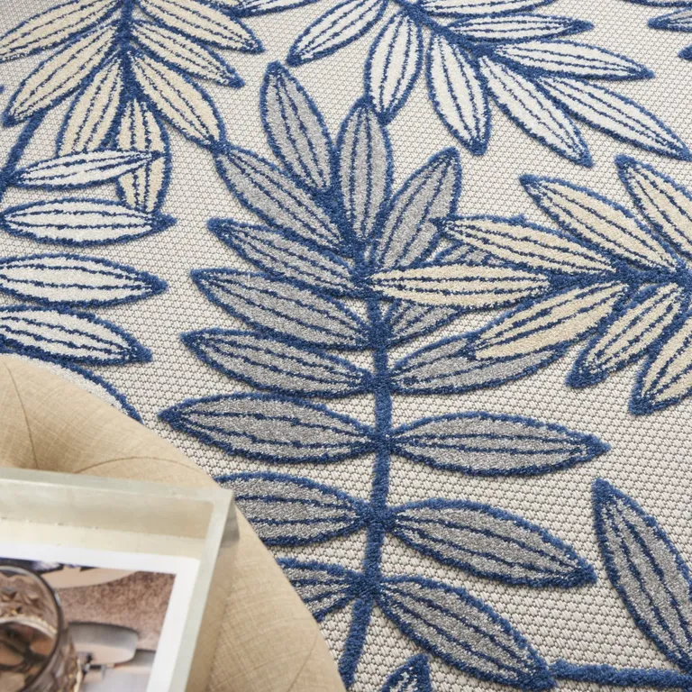 Ivory and Navy Leaves Indoor Outdoor Area Rug Photo 4
