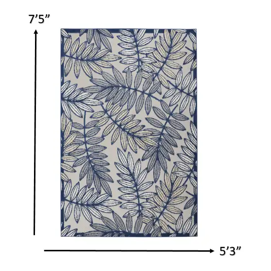 Ivory and Navy Leaves Indoor Outdoor Area Rug Photo 6