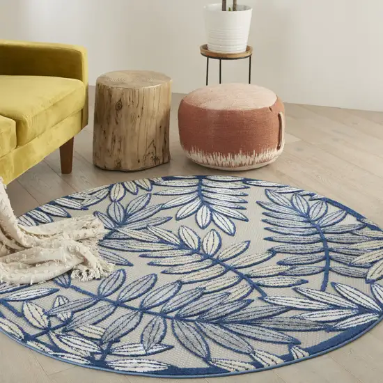 Ivory And Blue Round Floral Indoor Outdoor Area Rug Photo 6