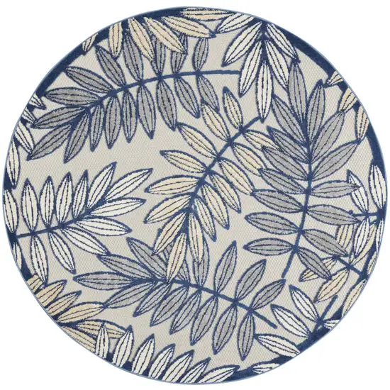 Ivory And Blue Round Floral Indoor Outdoor Area Rug Photo 4