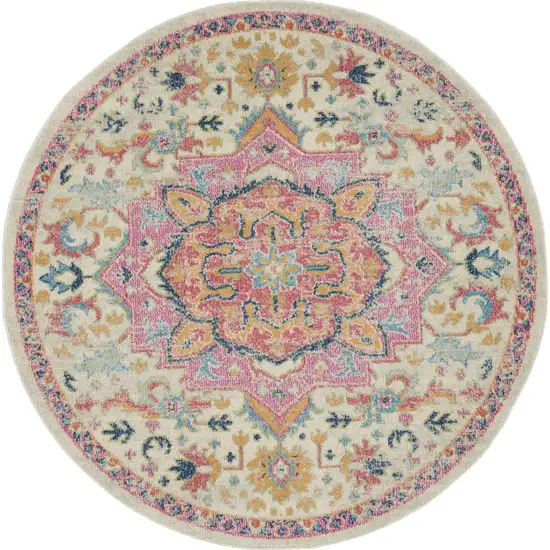 5' Pink And Ivory Round Southwestern Dhurrie Area Rug Photo 4