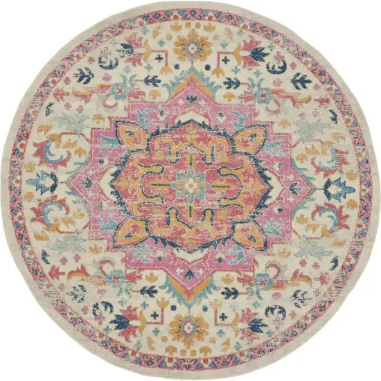 Ivory and Pink Medallion Area Rug Photo 1