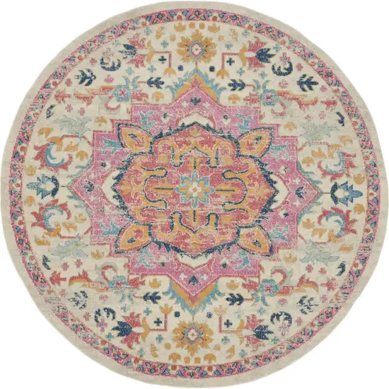 8' Pink And Ivory Round Southwestern Dhurrie Area Rug Photo 4