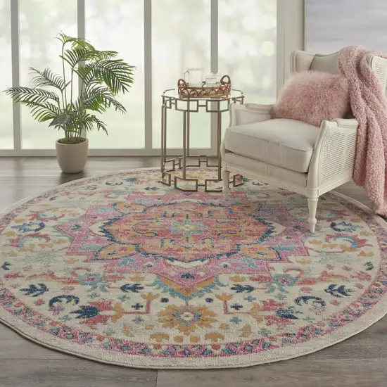 Ivory and Pink Medallion Area Rug Photo 6