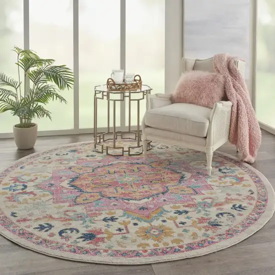 Ivory and Pink Medallion Area Rug Photo 7