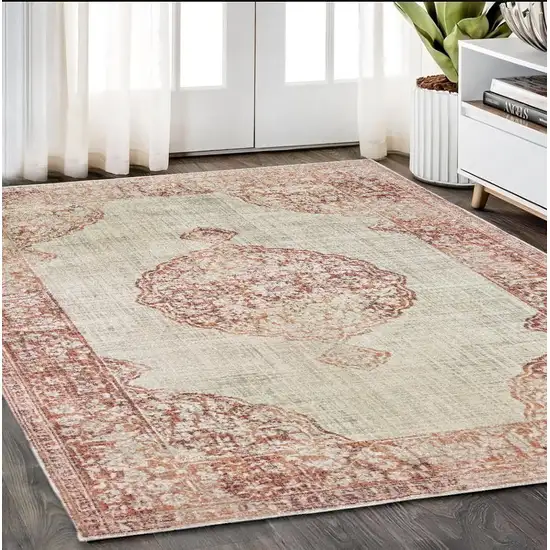 Ivory And Pink Medallion Area Rug Photo 1