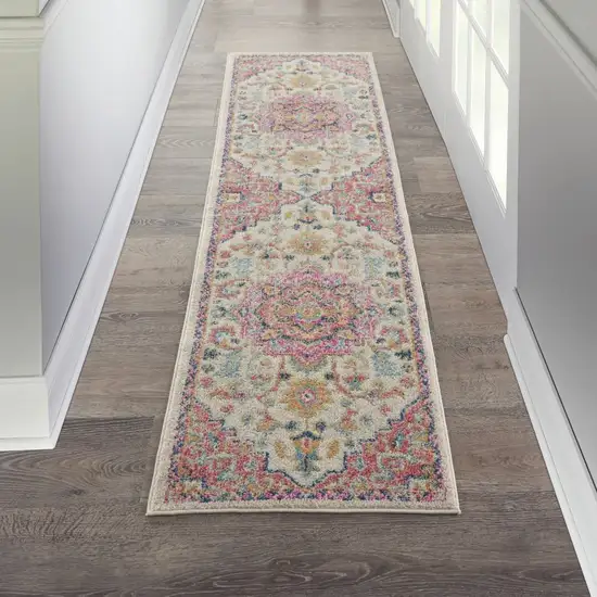 Ivory and Pink Medallion Runner Rug Photo 4