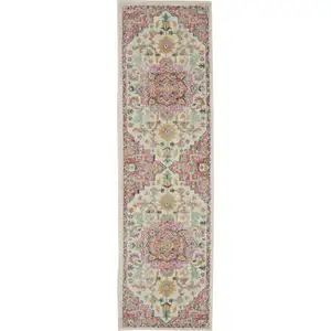 Photo of Ivory and Pink Medallion Runner Rug