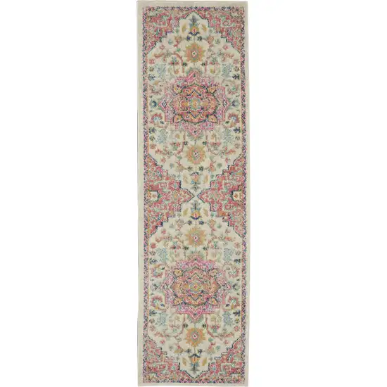 Ivory and Pink Medallion Runner Rug Photo 1