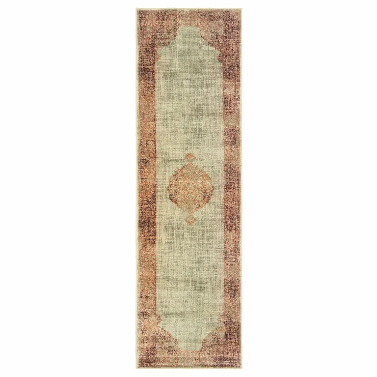 Ivory and Pink Medallion Runner Rug Photo 1