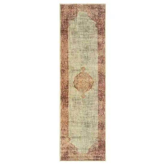 Ivory and Pink Medallion Runner Rug Photo 1