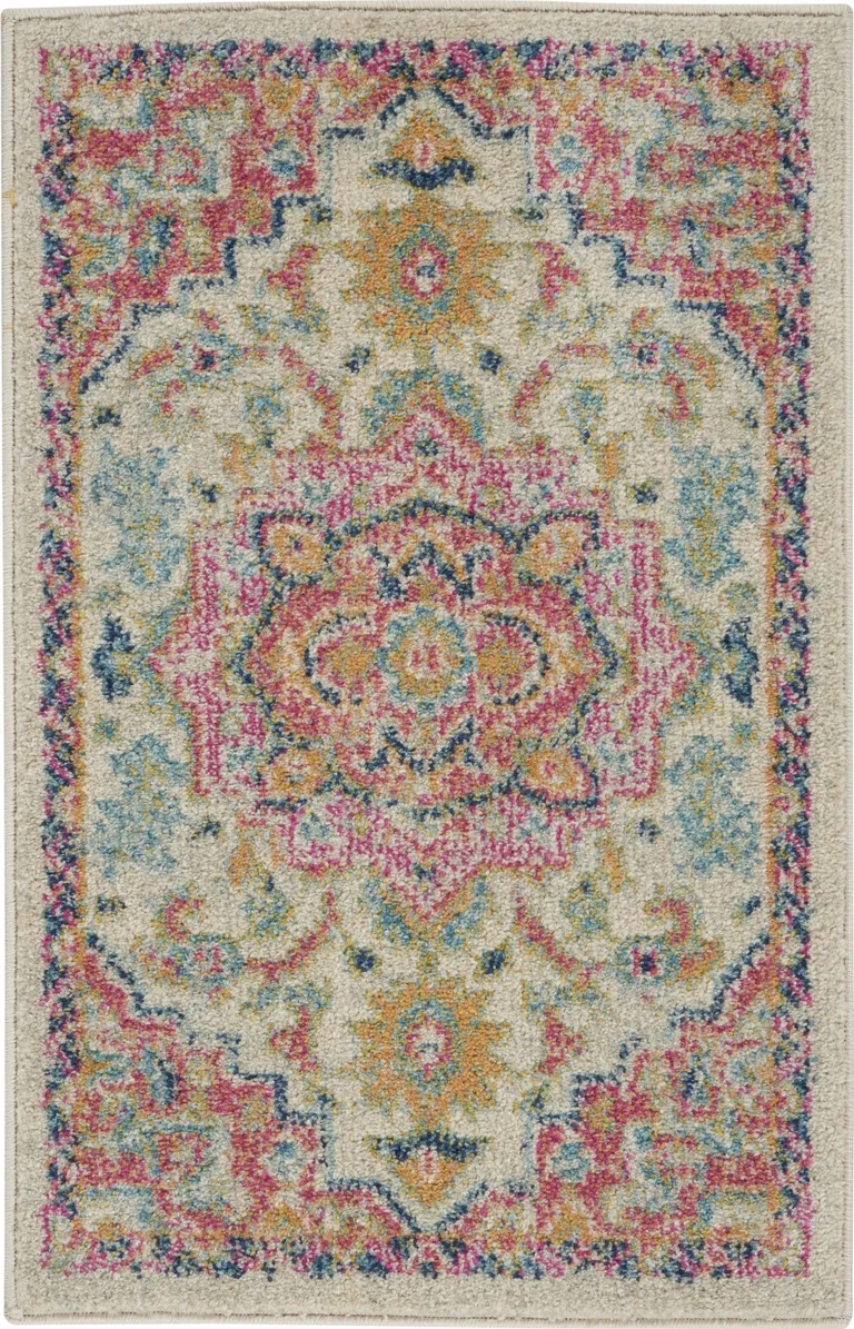 Ivory and Pink Medallion Scatter Rug Photo 1