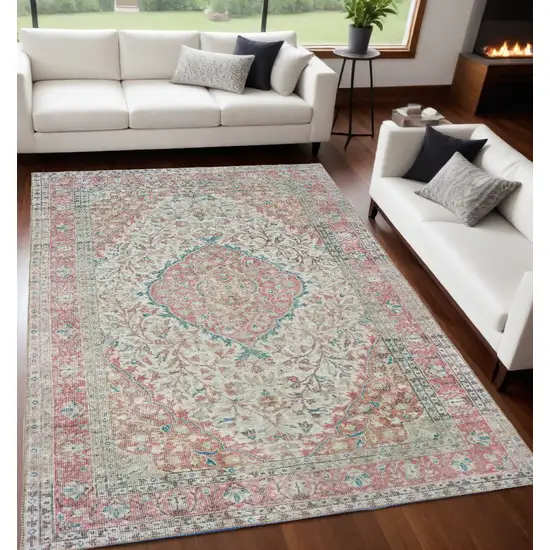 Ivory And Pink Oriental Area Rug Photo 1