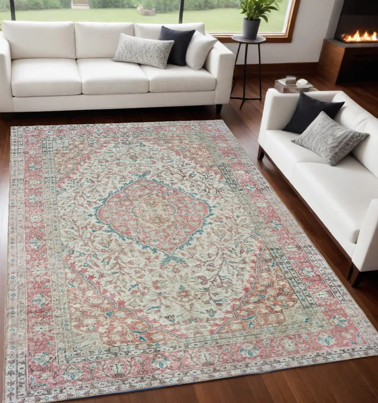 Ivory and Pink Oriental Area Rug Photo 4