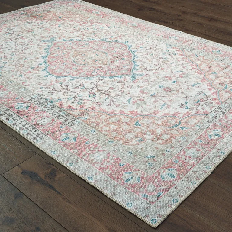 Ivory and Pink Oriental Area Rug Photo 3
