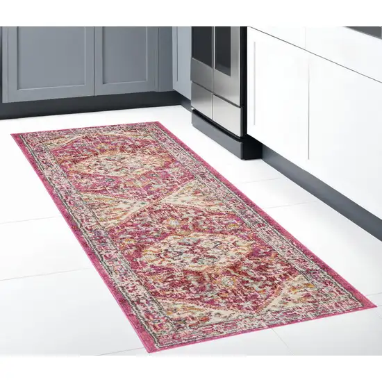 8' Pink And Ivory Power Loom Runner Rug Photo 1