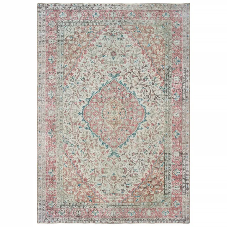 Ivory and Pink Oriental Scatter Rug Photo 1