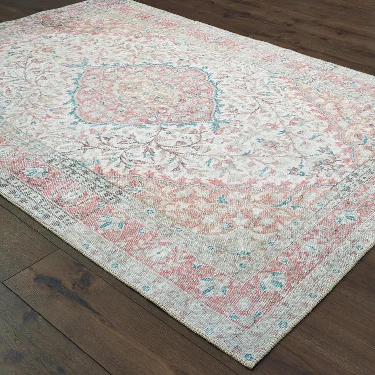 Ivory and Pink Oriental Scatter Rug Photo 3