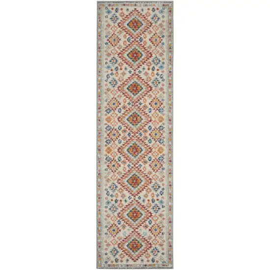 8' Ivory And Blue Geometric Runner Rug Photo 1