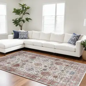 Photo of Ivory and Red Floral Distressed Non Skid Area Rug