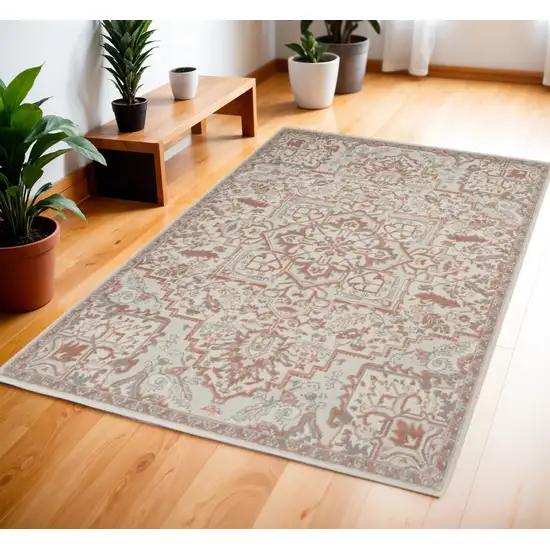 Ivory and Red Floral Medallion Non Skid Area Rug Photo 1