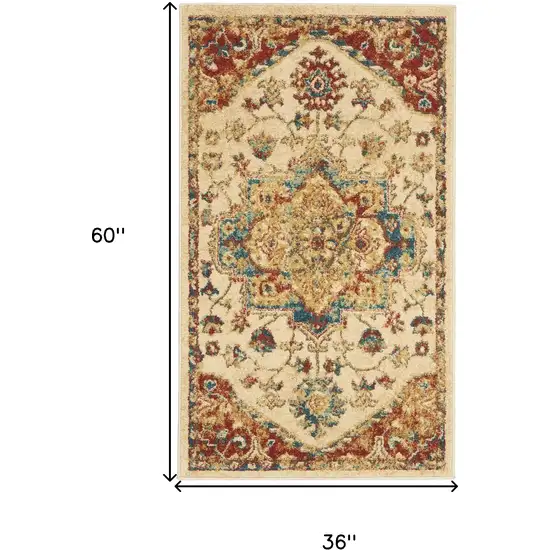 Ivory and Red Floral Medallion Power Loom Area Rug Photo 3