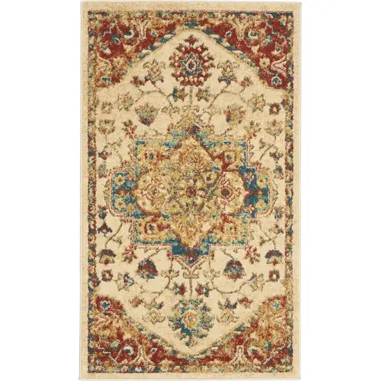 Ivory and Red Floral Medallion Power Loom Area Rug Photo 2