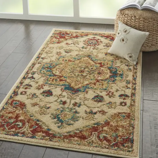 Ivory and Red Floral Medallion Power Loom Area Rug Photo 9