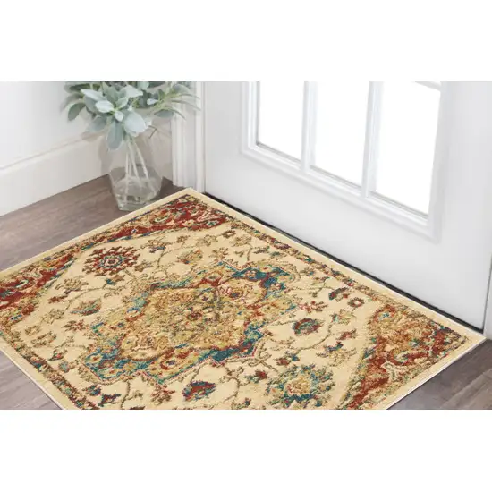 Ivory and Red Floral Medallion Power Loom Area Rug Photo 1