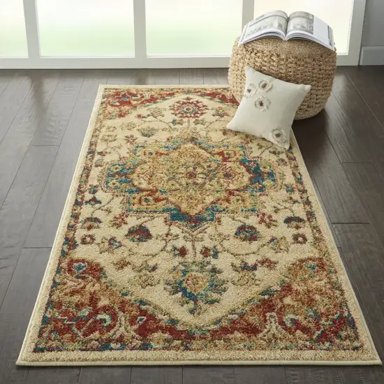 Ivory and Red Floral Medallion Power Loom Area Rug Photo 8