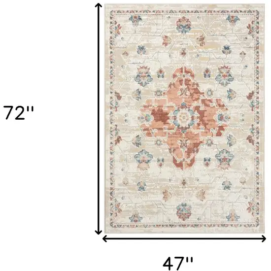 Ivory and Red Medallion Power Loom Area Rug Photo 3