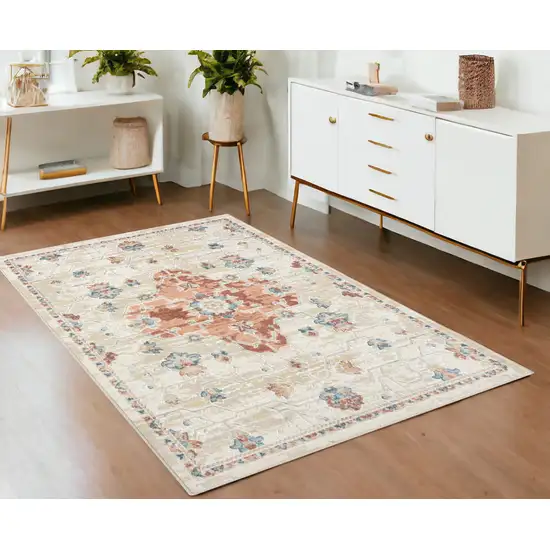 Ivory and Red Medallion Power Loom Area Rug Photo 1