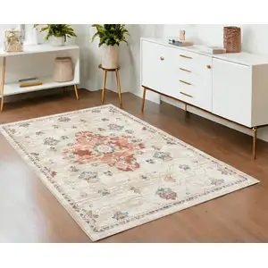 Photo of Ivory and Red Medallion Power Loom Area Rug