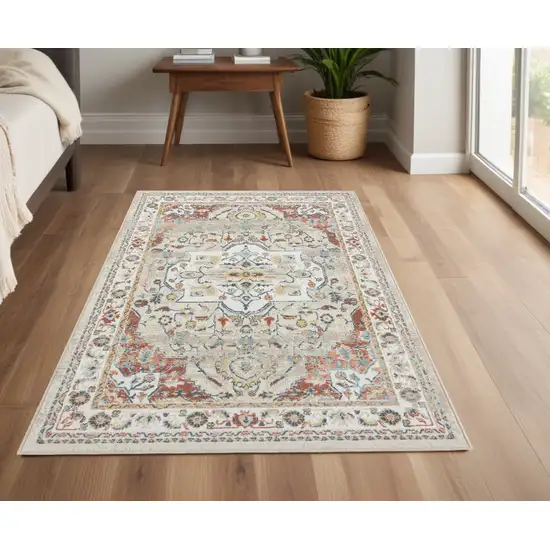 Ivory and Red Oriental Power Loom Area Rug Photo 1