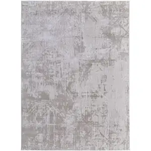 Photo of Ivory and Silver Abstract Power Loom Worn Faded Area Rug